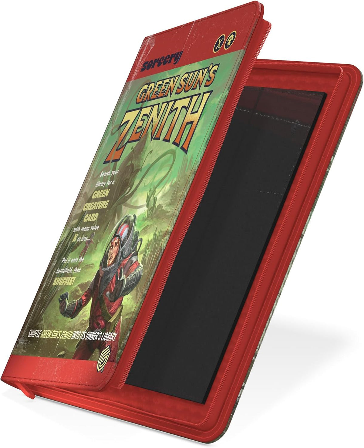 Red zippered card portfolio with &quot;Green Sun&#39;s Zenith&quot; card binder, partially open to reveal black interior