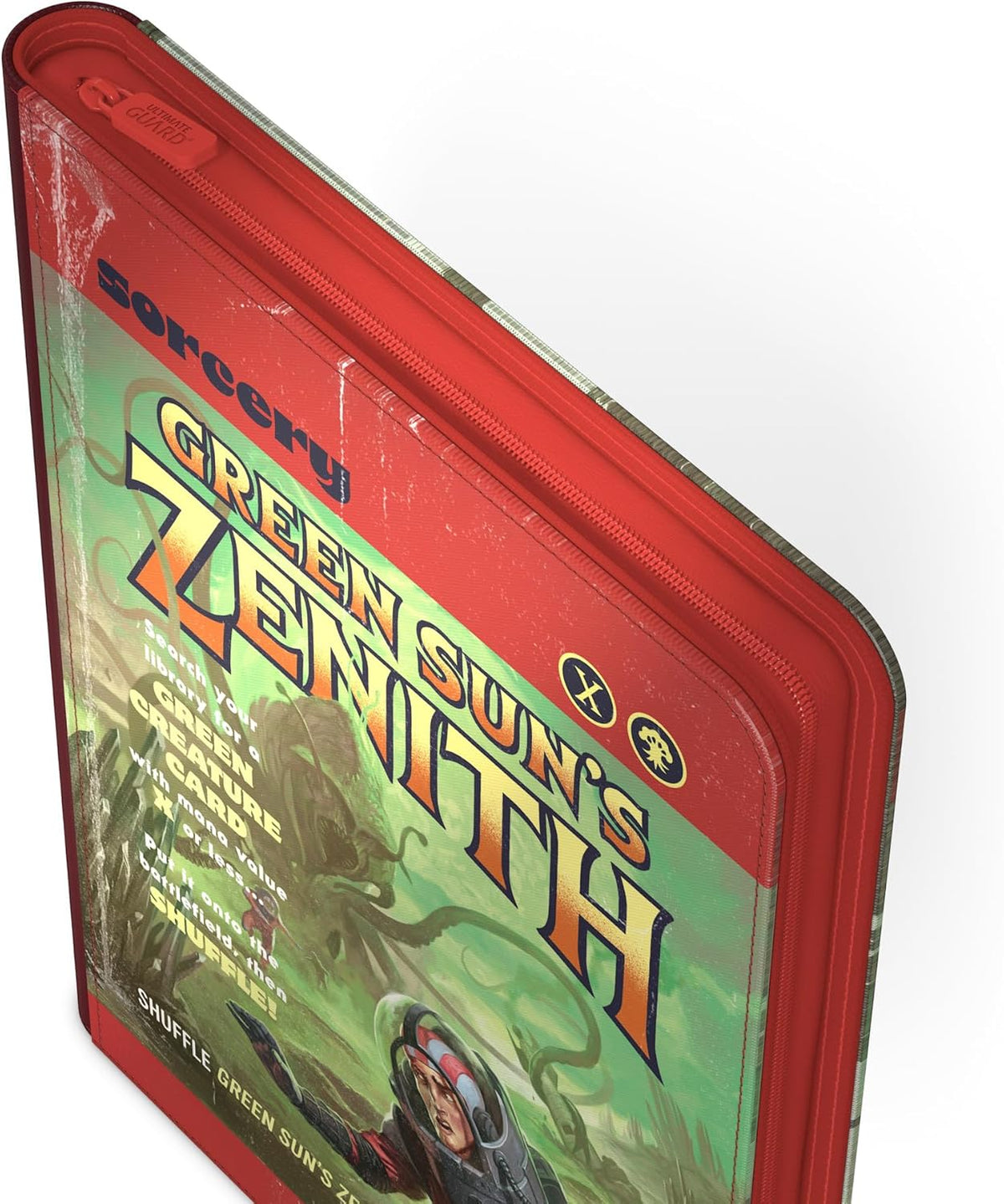 Red Ultimate Guard zippered binder with Green Sun&#39;s Zenith art: a person in suit and a large green monster