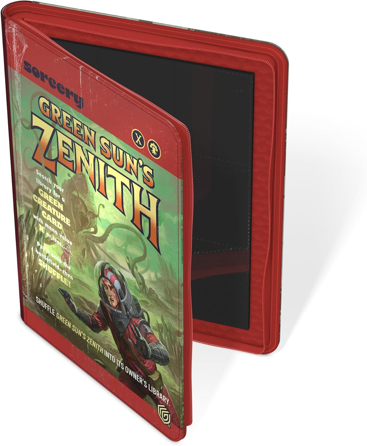 Open red zippered binder displaying Green Sun's Zenith Magic card art on the cover and black card pockets inside