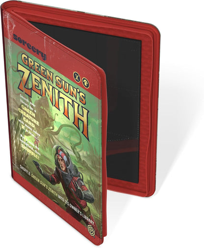 Open red zippered binder displaying Green Sun's Zenith Magic card art on the cover and black card pockets inside