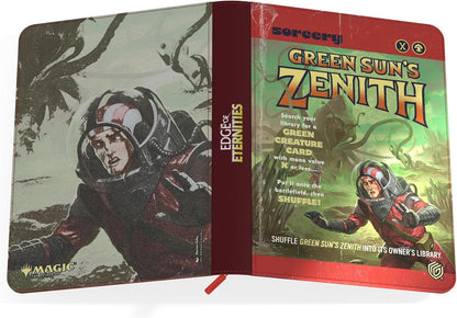 Open Magic: The Gathering portfolio shows 'Green Sun's Zenith' card binder: a red-suited astronaut facing an alien monster