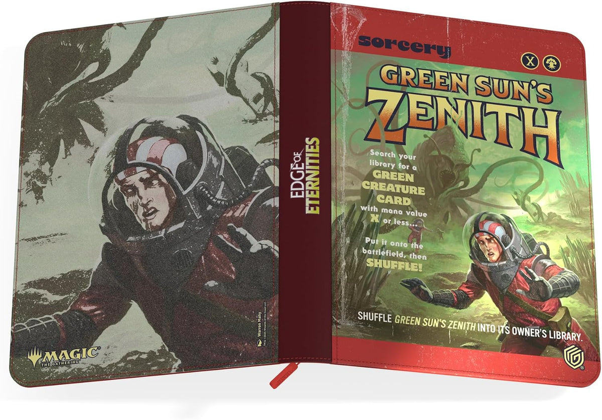 Open Magic: The Gathering portfolio shows &#39;Green Sun&#39;s Zenith&#39; card binder: a red-suited astronaut facing an alien monster