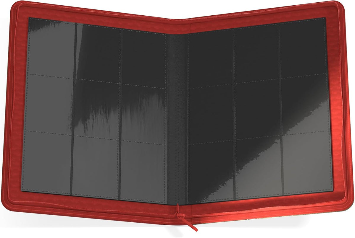 An open red zippered collector&#39;s binder displaying black pages with 9 clear card slots on each side