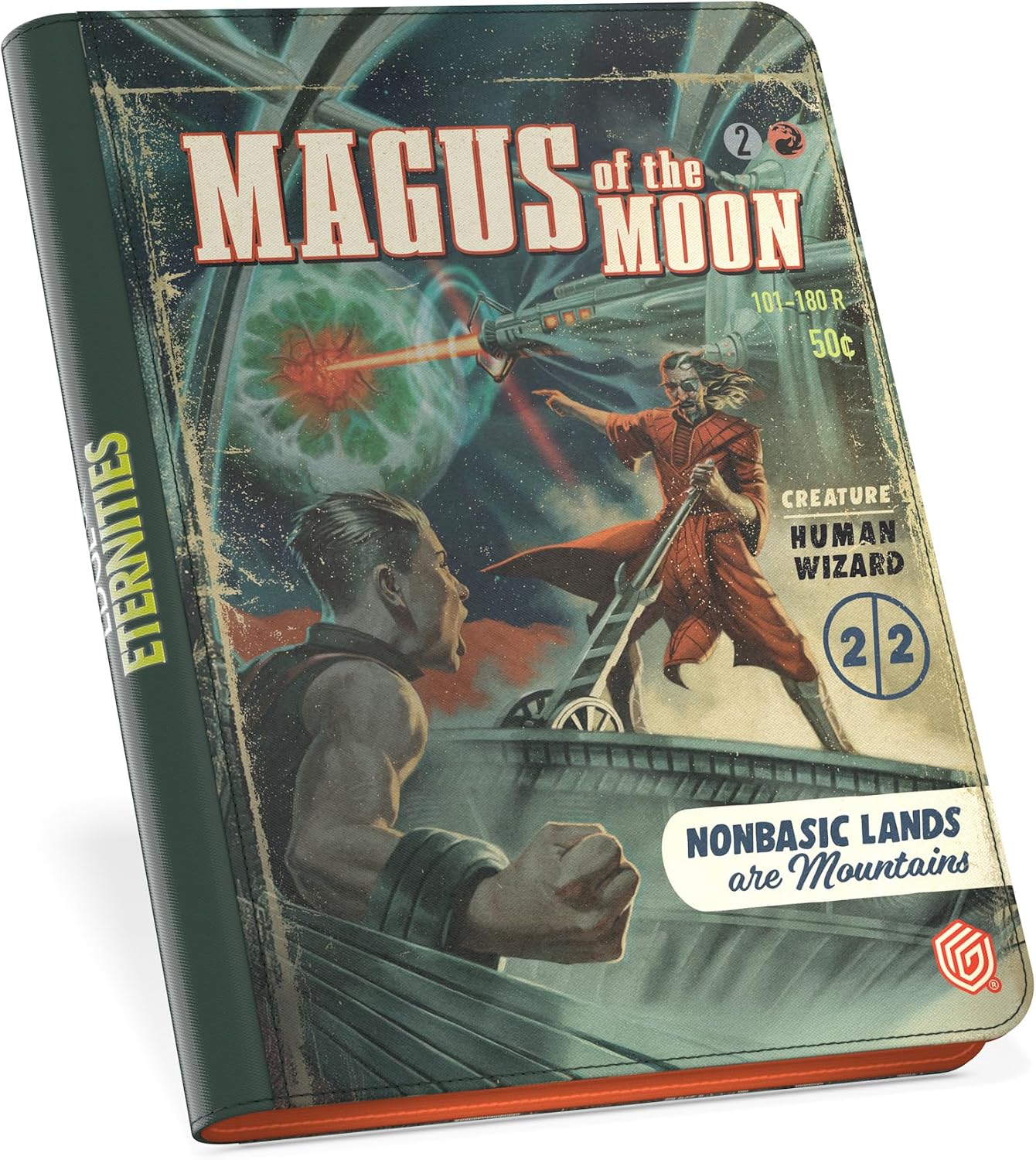 Retro sci-fi binder cover, "Magus of the Moon." A red-robed man aims a laser at a green orb; another man watches