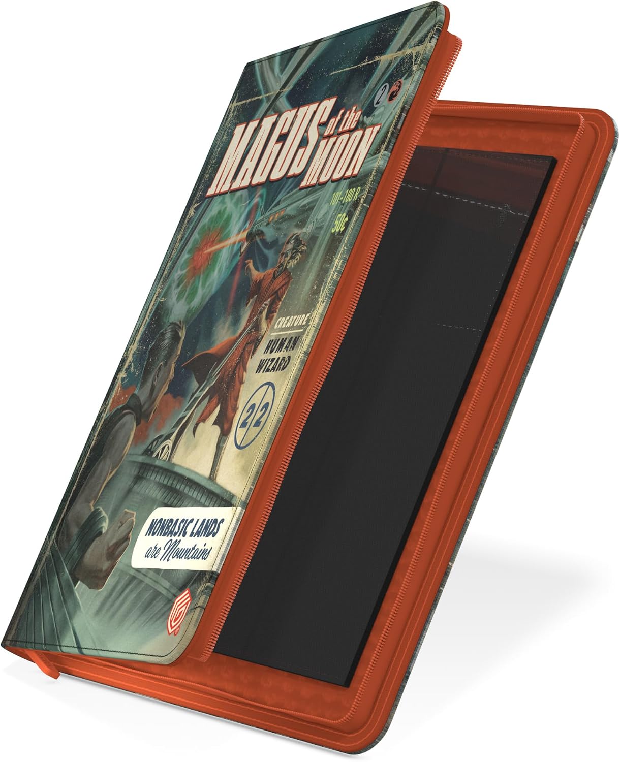 An open zippered case featuring a vintage Magic: The Gathering "Magus of the Moon" sci-fi art cover, showing an orange interior