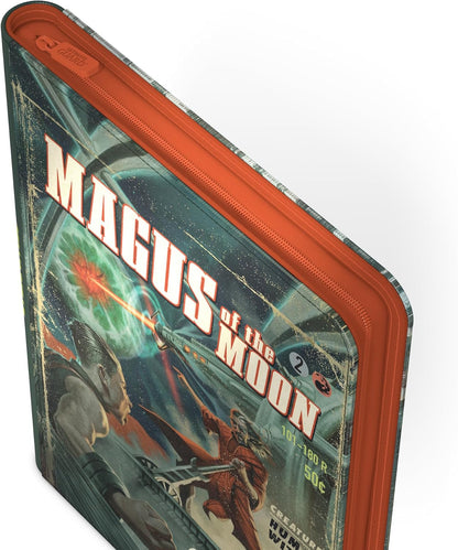 Retro sci-fi binder cover: "Magus of the Moon," a spaceship blasting a planet, and two humanoids in action. Orange zipper