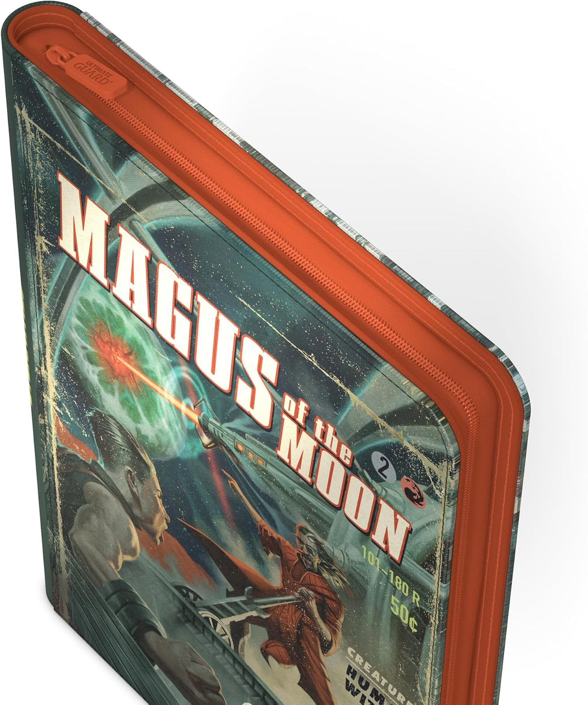 Retro sci-fi binder cover: &quot;Magus of the Moon,&quot; a spaceship blasting a planet, and two humanoids in action. Orange zipper