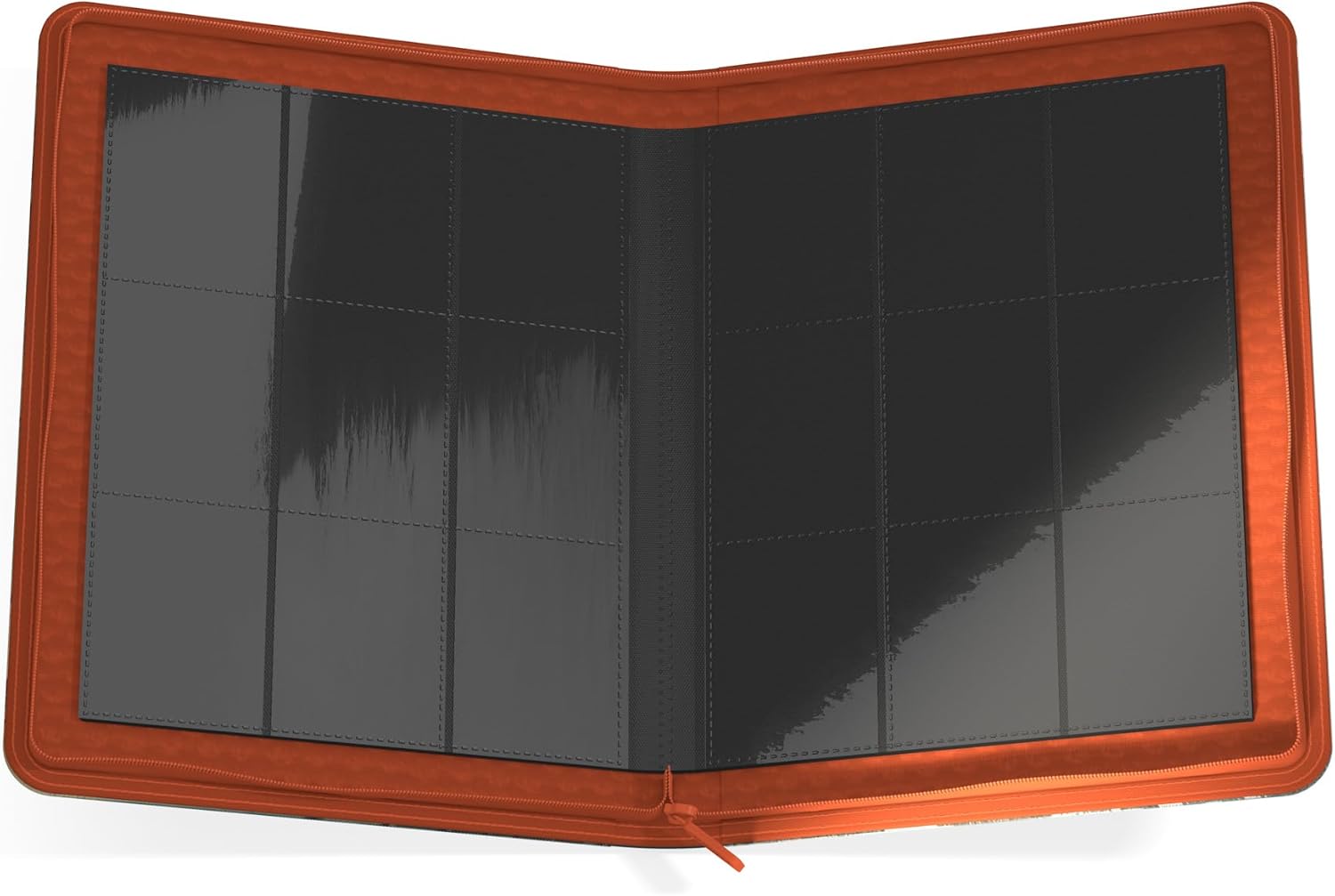 Open orange zippered binder with empty dark gray 9-pocket card pages