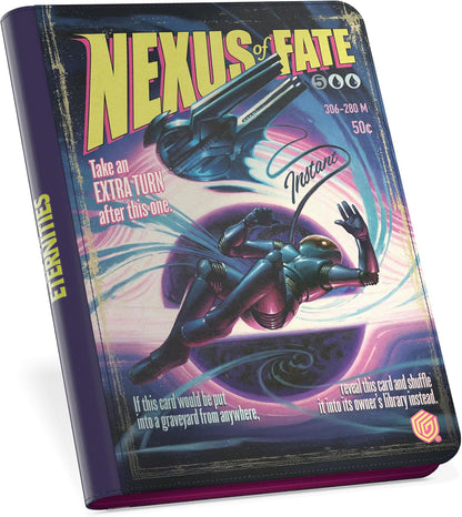 Magic: The Gathering "Nexus of Fate" binder featuring retro sci-fi art of an astronaut and spaceship in space