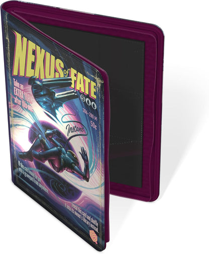 Purple card binder open to retro-futuristic 'Nexus of Fate' art: a flying figure and ship, with dark card pages visible