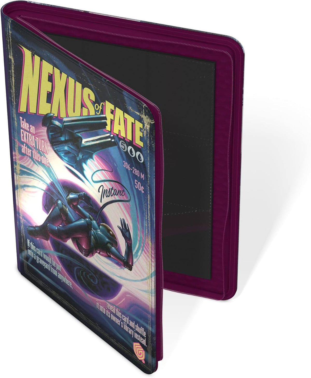 Purple card binder open to retro-futuristic &#39;Nexus of Fate&#39; art: a flying figure and ship, with dark card pages visible