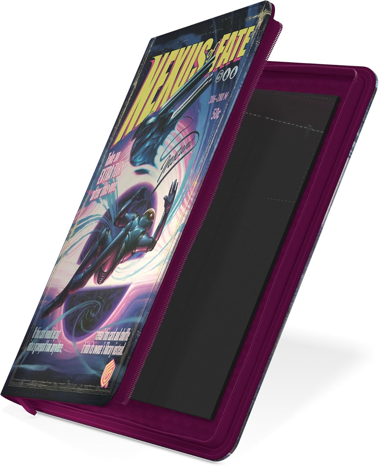 Purple zippered binder, partially open, displays a sci-fi cover with a flying armored figure and a ship, revealing black card pages inside