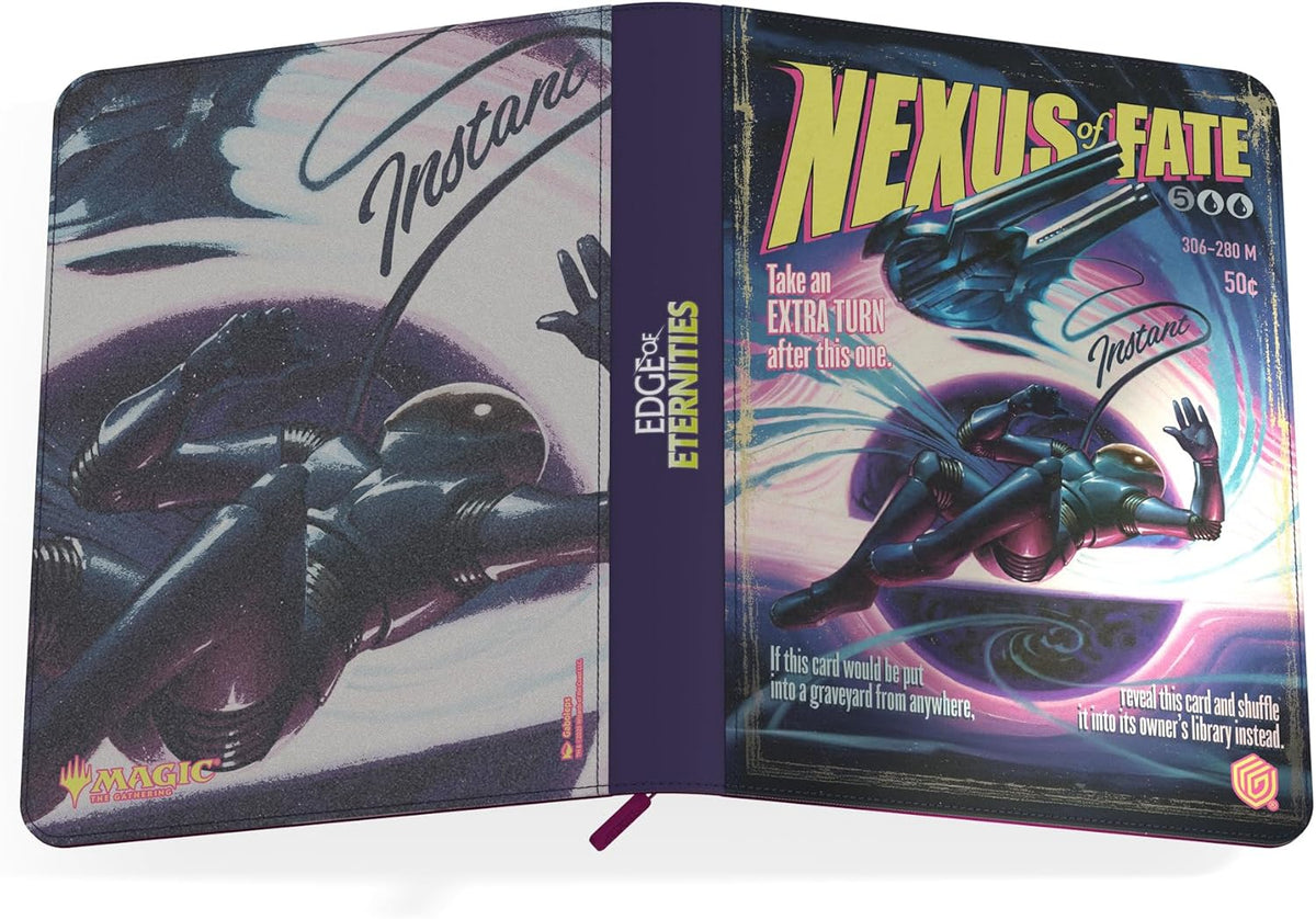 Open Magic: The Gathering portfolio featuring retro sci-fi art of an astronaut and &quot;Nexus of Fate&quot; title