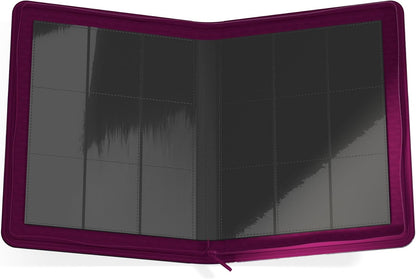 Open magenta card binder showing two pages of empty clear pockets for collectible cards, with a zipper closure