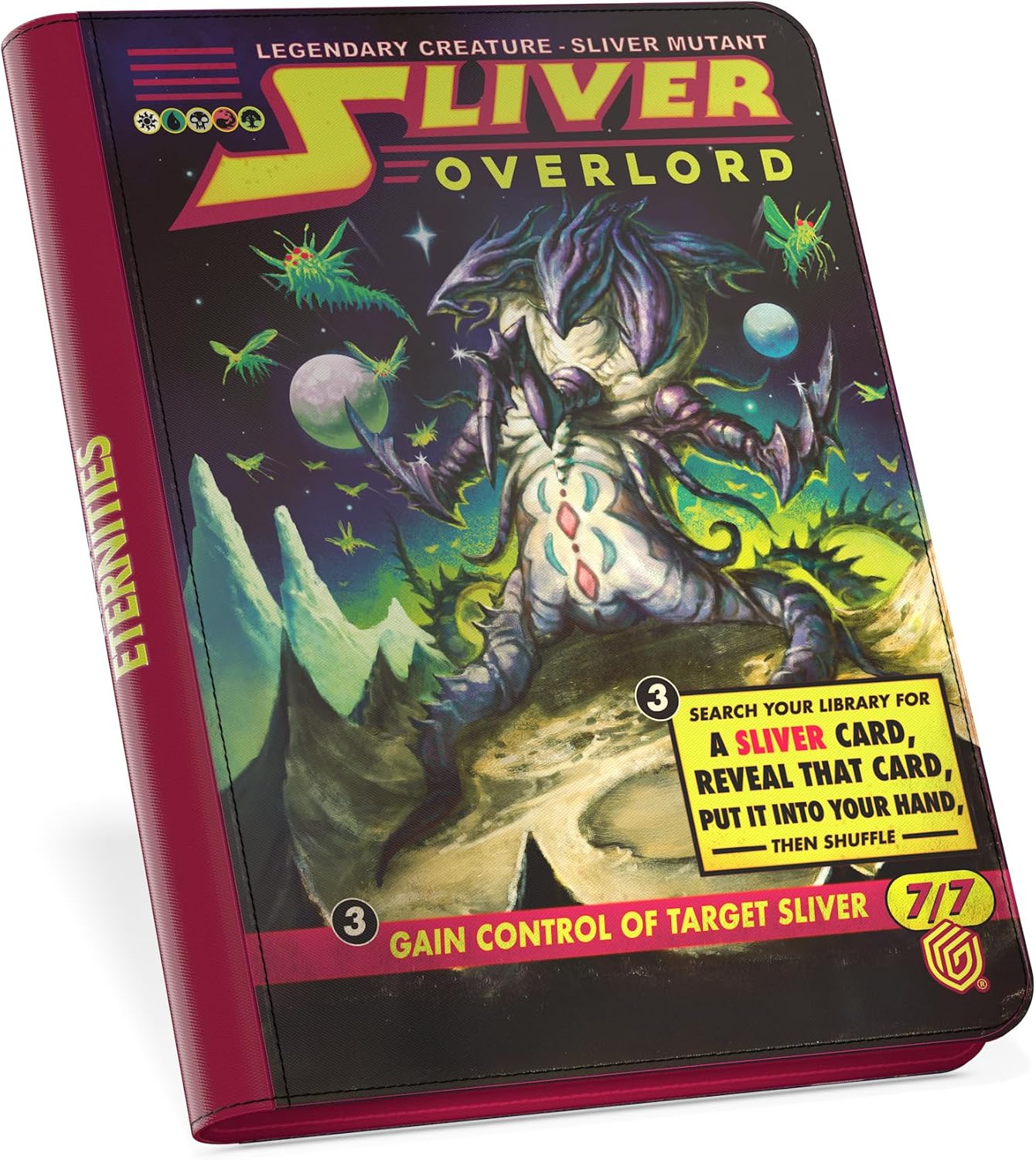 MTG 'Sliver Overlord' binder. Artwork shows a fearsome, multi-limbed sliver commanding smaller slivers under a dark sky