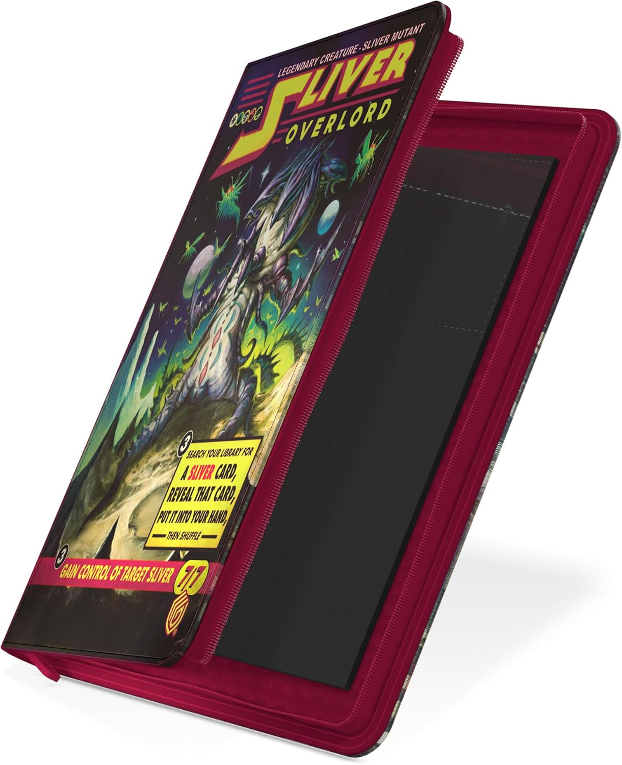 An open MTG "Sliver Overlord" trading card binder with vibrant art, revealing dark card slots