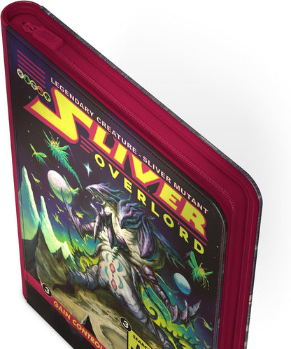 Red zippered card binder displaying "Sliver Overlord" Magic: The Gathering artwork of a multi-limbed alien in a cosmic setting