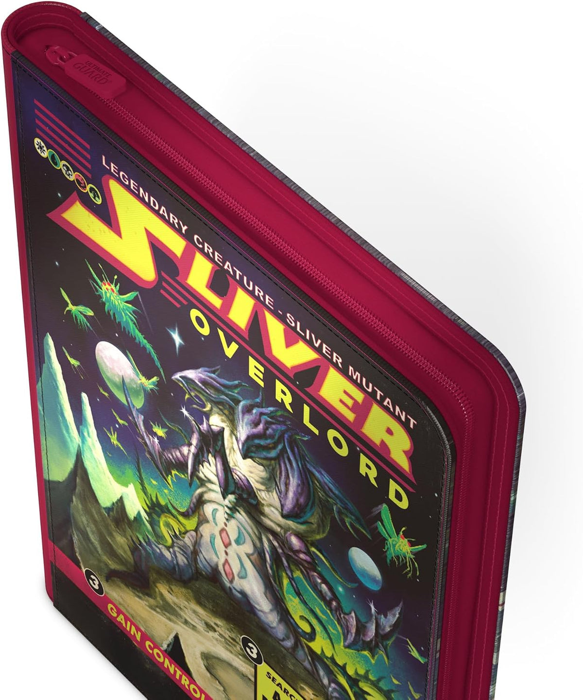 Red zippered card binder displaying &quot;Sliver Overlord&quot; Magic: The Gathering artwork of a multi-limbed alien in a cosmic setting