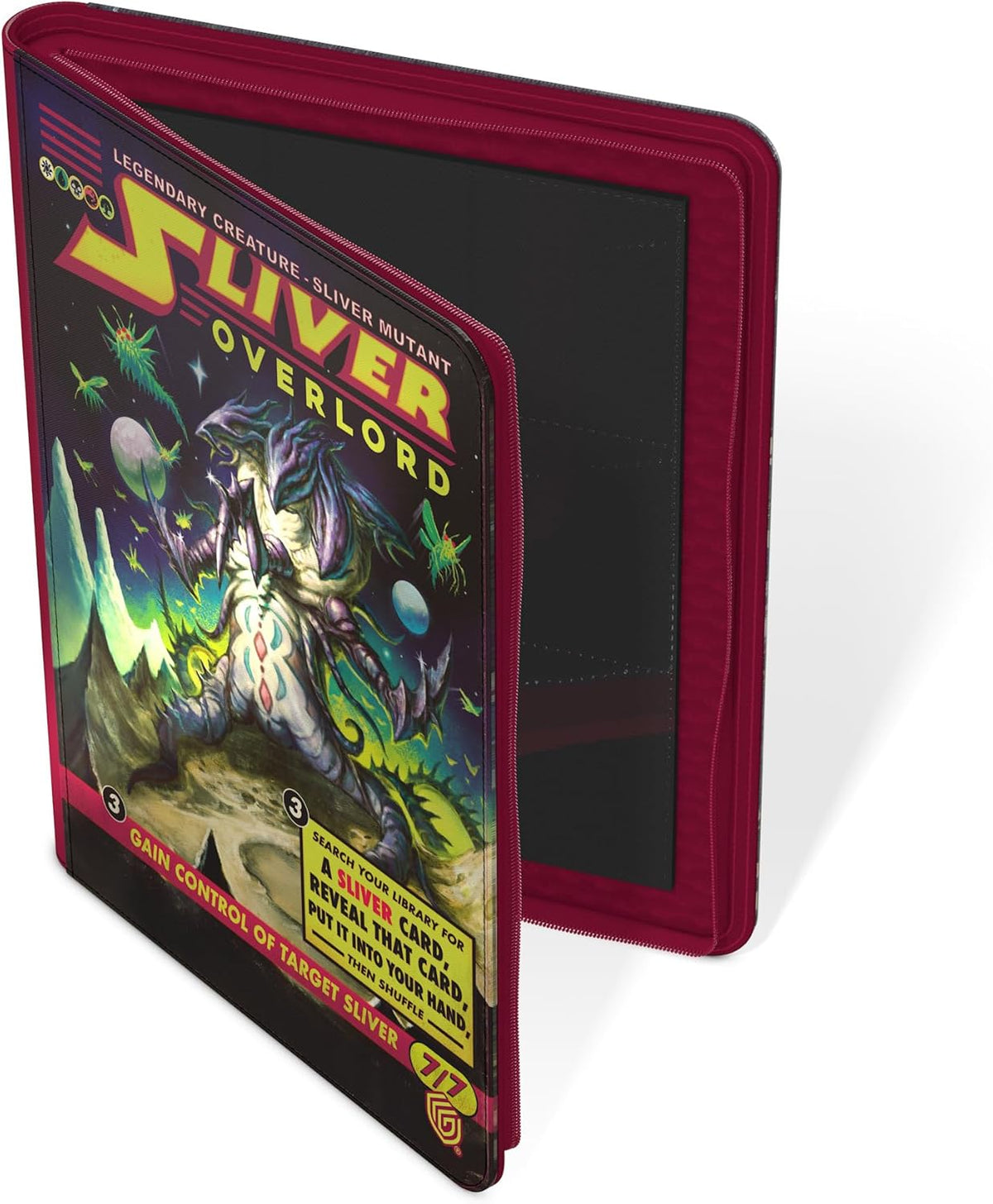 A red zippered binder with Magic: The Gathering&#39;s &#39;Sliver Overlord&#39; card art on the cover, open to reveal card slots