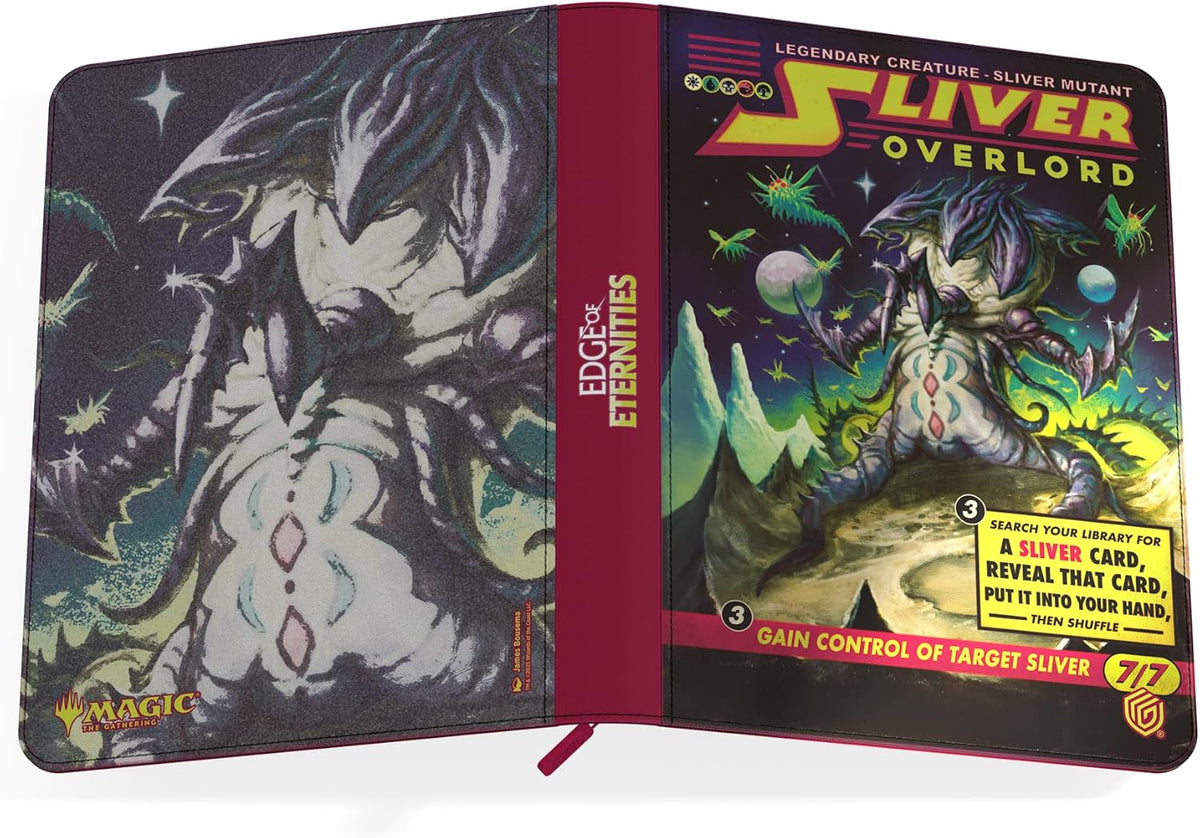 Open Magic: The Gathering binder with a Sliver Overlord card art cover, showing text and stats. Left side features abstract Sliver art. Spine: &#39;Edge of Eternities&#39;