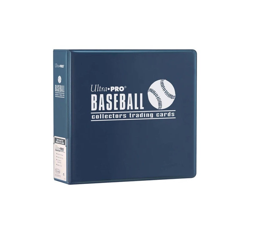 A dark blue Ultra-Pro baseball card binder with a white baseball graphic and "Baseball collectors trading cards" text