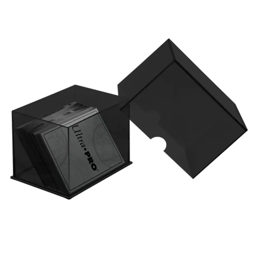 Open black Ultraâ€¢PRO deck box with trading cards visible inside