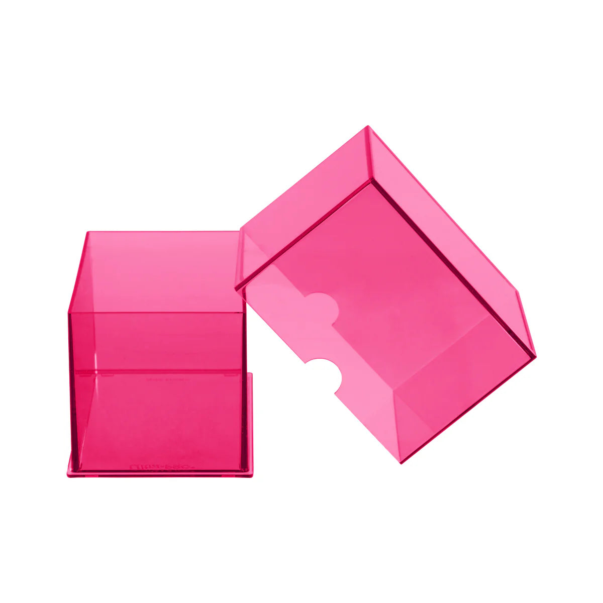 Open, bright pink translucent plastic storage box with the lid angled diagonally on a white background