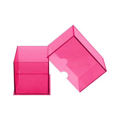 Open, bright pink translucent plastic storage box with the lid angled diagonally on a white background