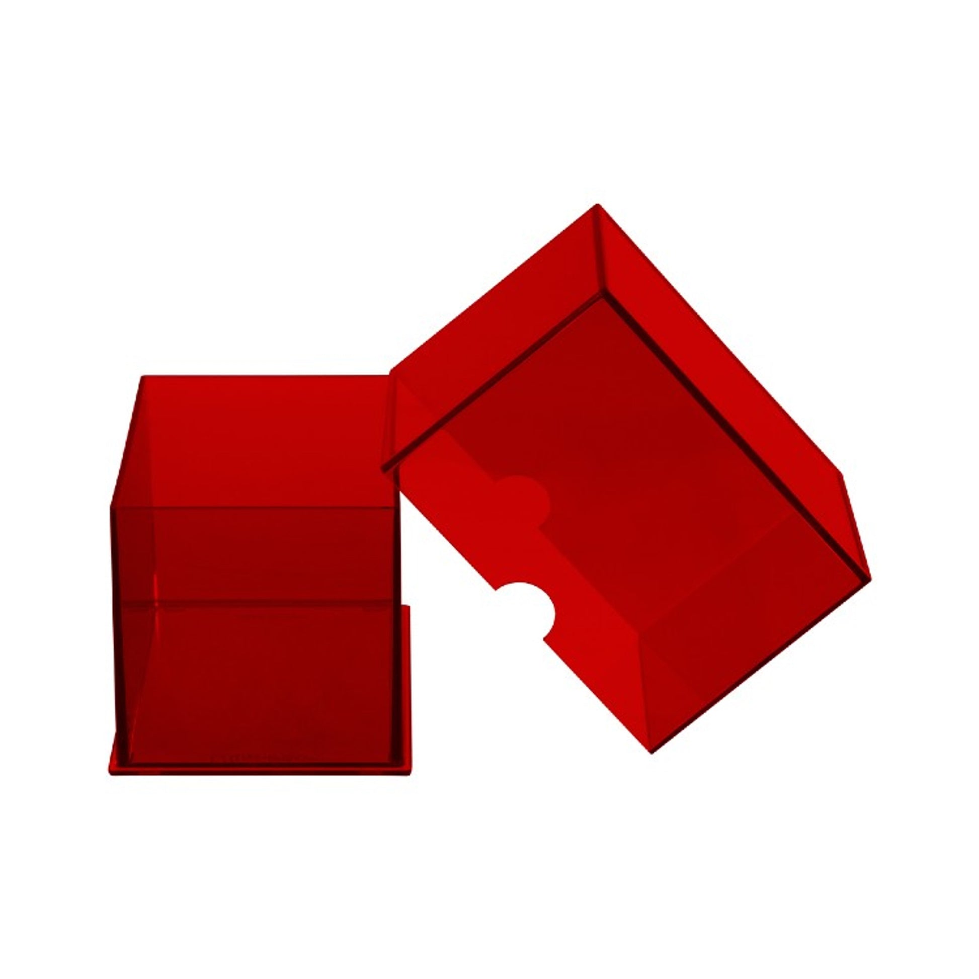 Open, translucent red storage box (cube) against a white background