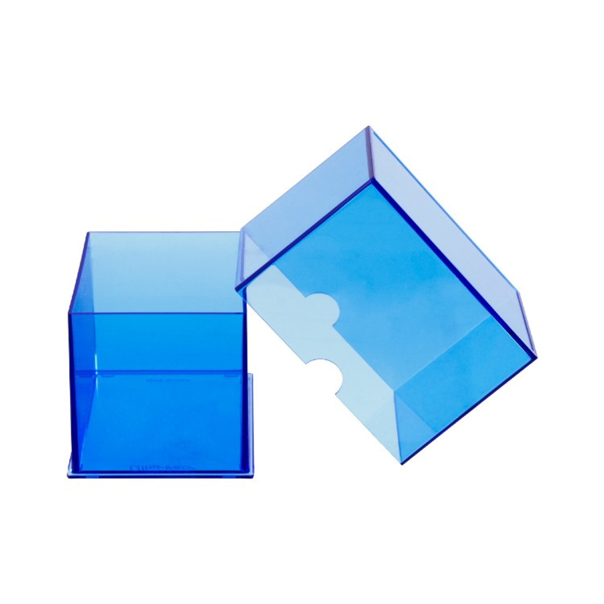 Open translucent blue acrylic storage cube and detached lid, isolated on a white background