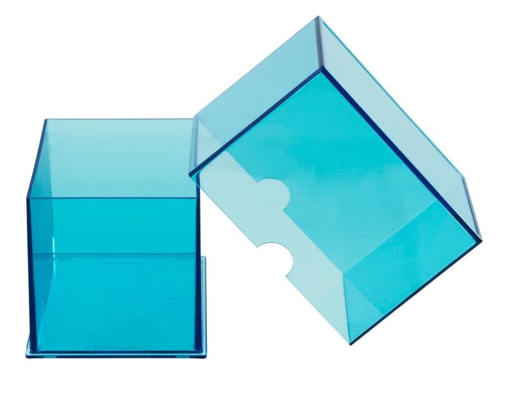 Open, translucent blue plastic deck box with the lid removed, on a white background