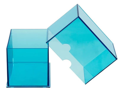Open, translucent blue plastic deck box with the lid removed, on a white background