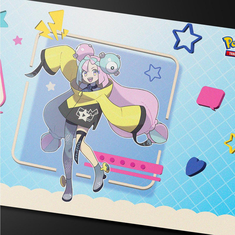 Energetic illustration of Pokemon Gym Leader Iono, with pink hair and yellow jacket, posing on a blue background