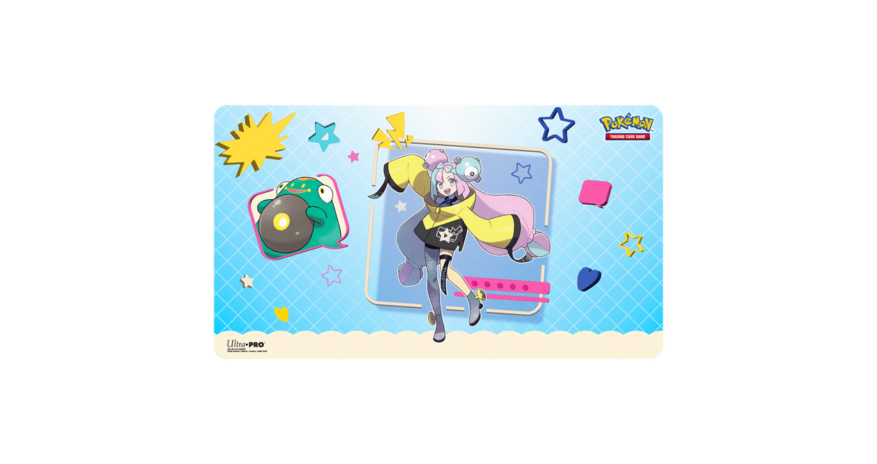 Pokemon TCG playmat showing Gym Leader Iono in a yellow hoodie next to Bellibot on a vibrant blue background
