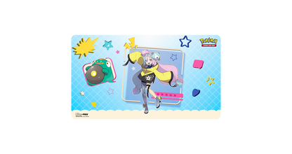 Pokemon TCG playmat showing Gym Leader Iono in a yellow hoodie next to Bellibot on a vibrant blue background