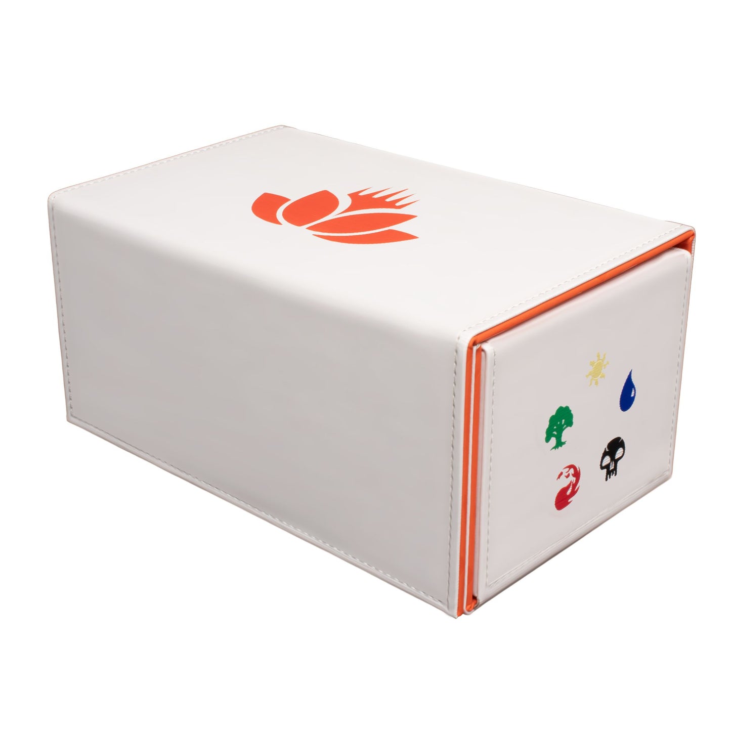 A white deck box featuring an orange lotus logo and five colored Magic: The Gathering mana symbols on its side