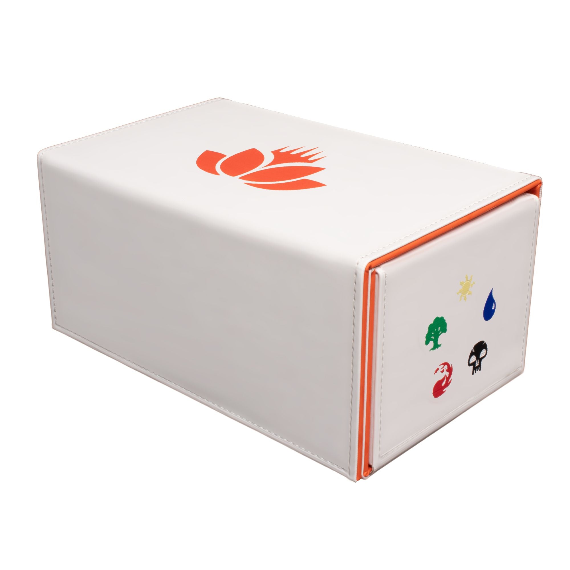 A white deck box featuring an orange lotus logo and five colored Magic: The Gathering mana symbols on its side