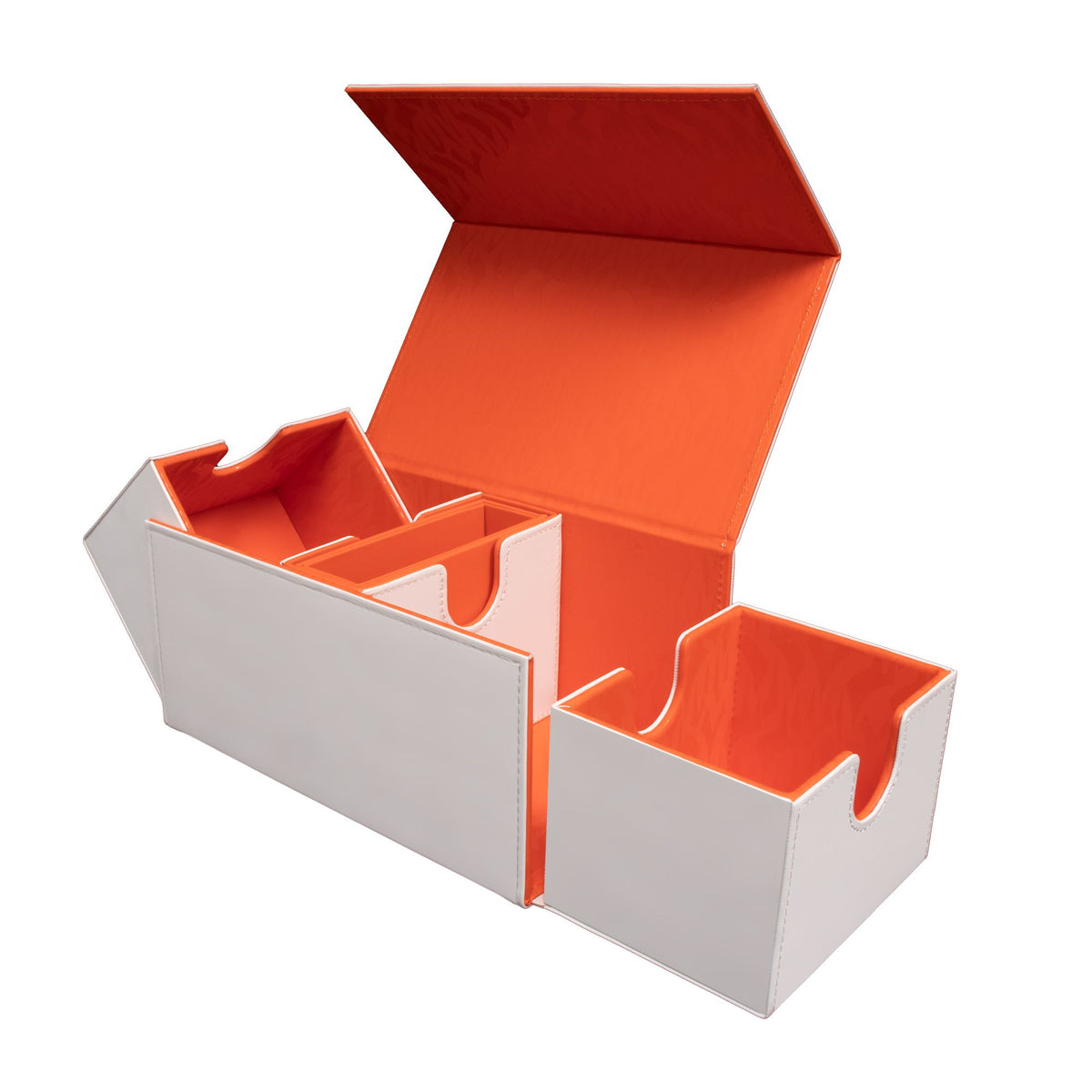 An open white card storage box with a bright orange interior and several distinct compartments