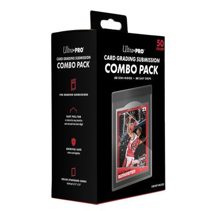 Black Ultra Pro Card Grading Submission Combo Pack box, displaying a card in a semi-rigid sleeve. Contains 50 semi-rigids and 50 easy grips