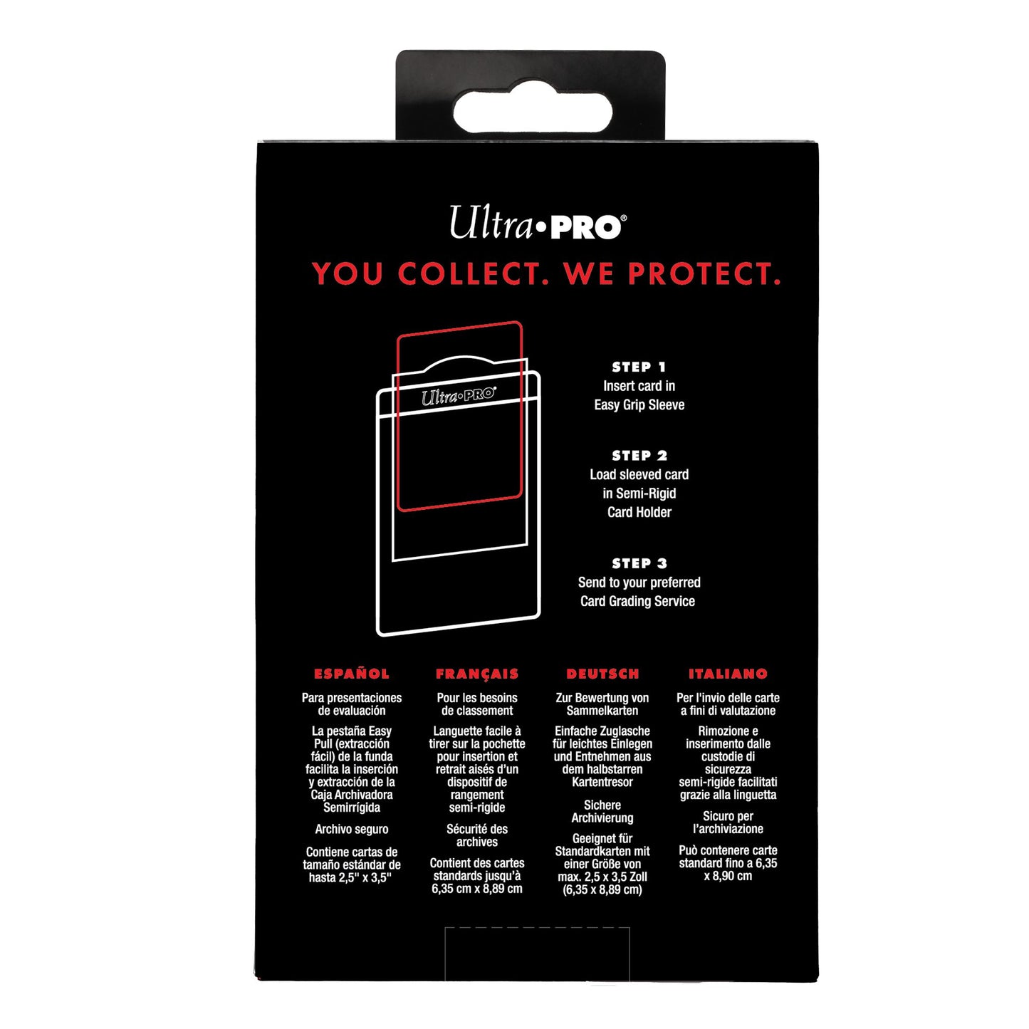Ultra PRO packaging with "YOU COLLECT. WE PROTECT." shows diagram: sleeve card, place in holder, send for grading