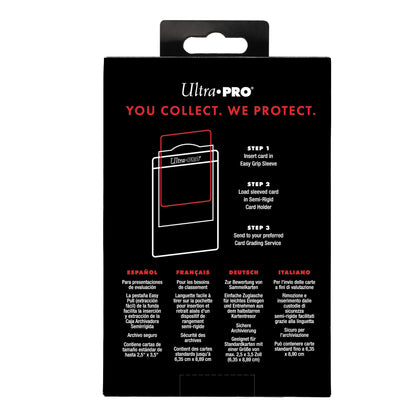 Ultra PRO packaging with "YOU COLLECT. WE PROTECT." shows diagram: sleeve card, place in holder, send for grading