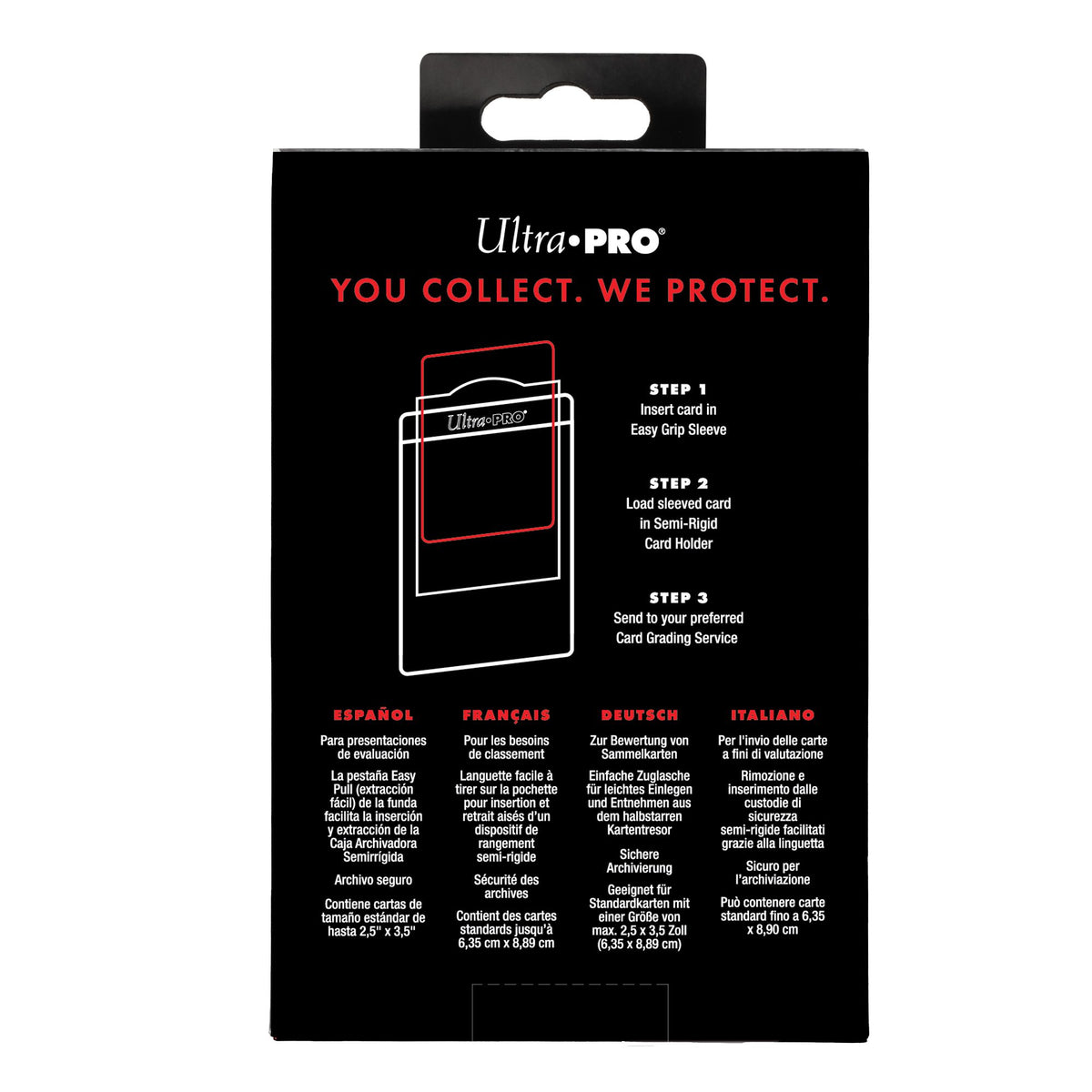 Ultra PRO packaging with &quot;YOU COLLECT. WE PROTECT.&quot; shows diagram: sleeve card, place in holder, send for grading