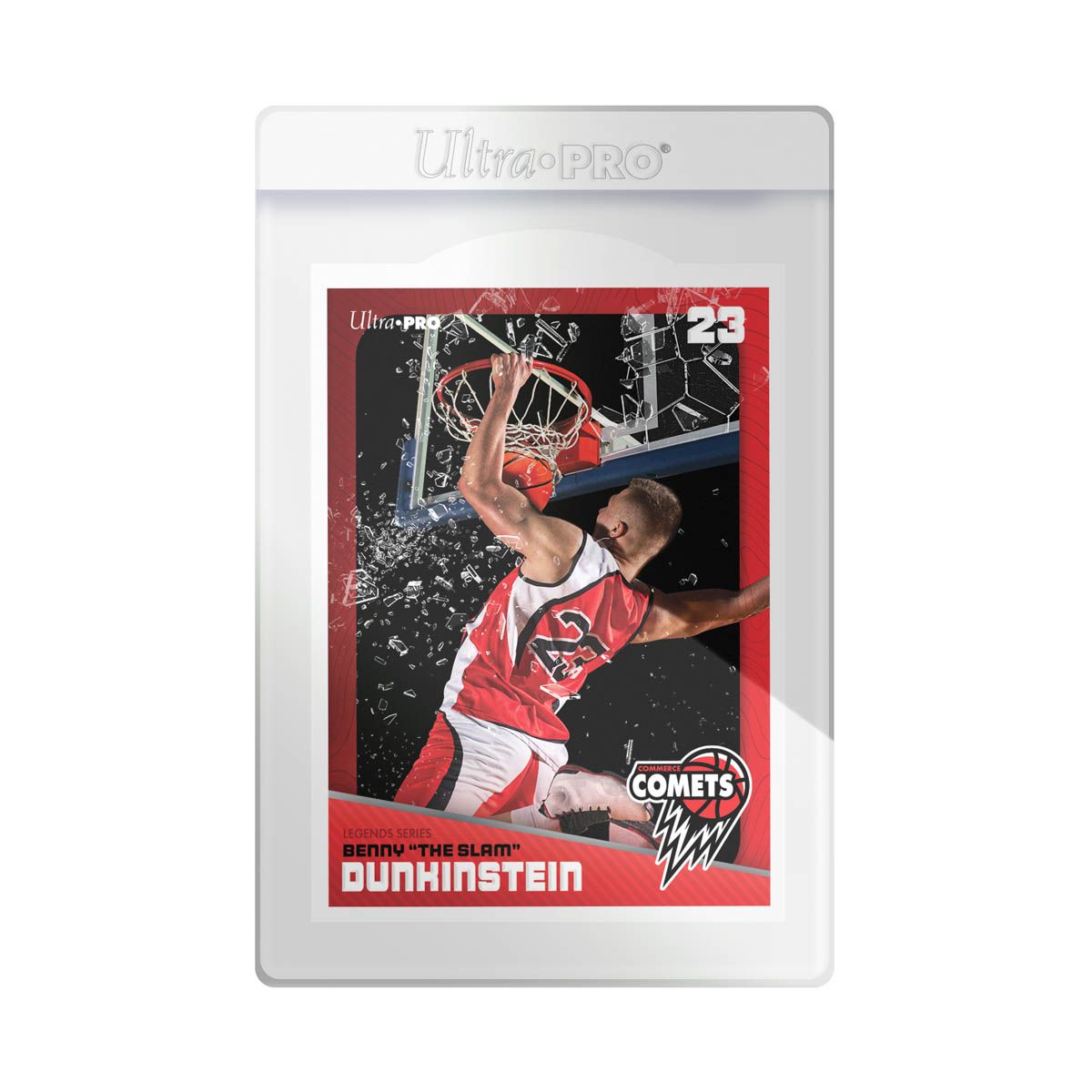 Basketball card in Ultra PRO sleeve. Player Benny Dunkhinstein (23) slams a dunk, shattering the backboard