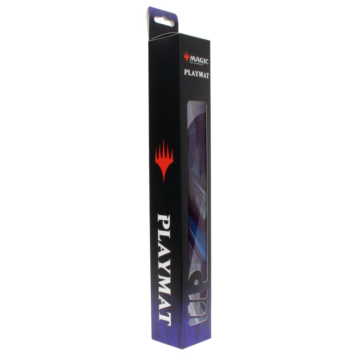 Black retail packaging for a Magic: The Gathering playmat, with a window revealing a blue and purple design