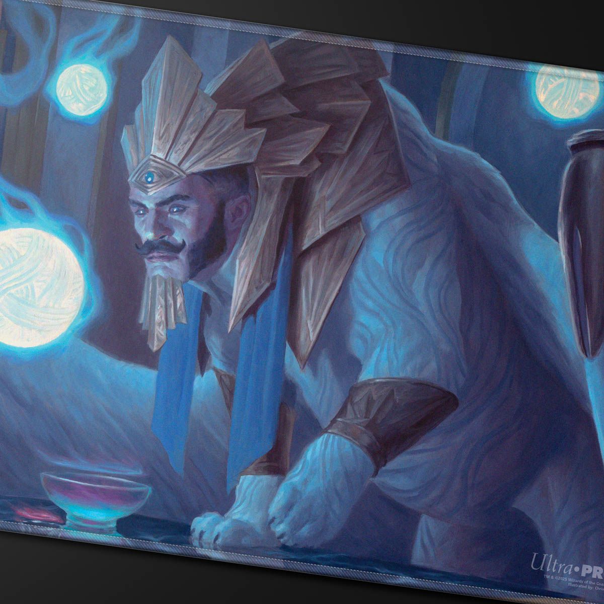 A stern, lion-like man in a golden headdress leans forward, observing glowing blue orbs and a small bowl