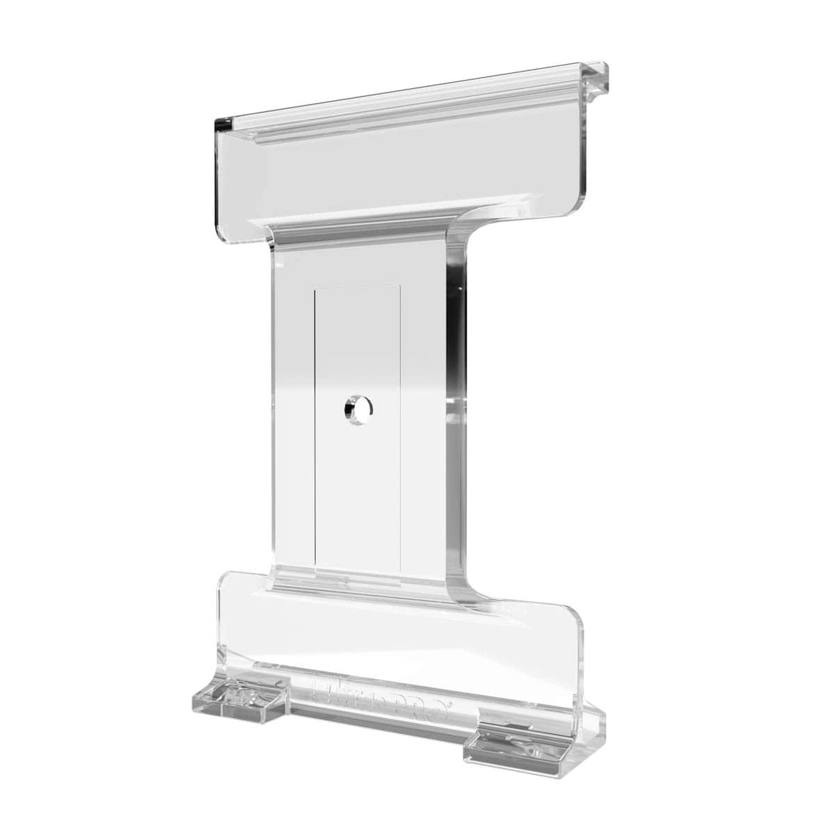 Clear acrylic T-shaped display stand with a top slot, flat base, and central mounting hole