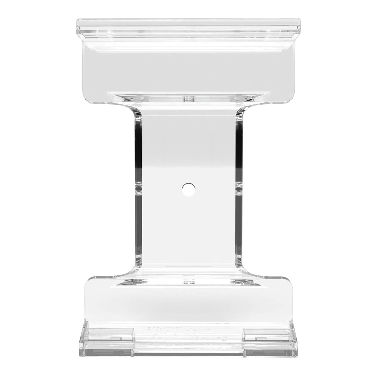 A clear acrylic I-shaped stand with a central circular hole