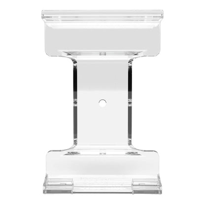 A clear acrylic I-shaped stand with a central circular hole