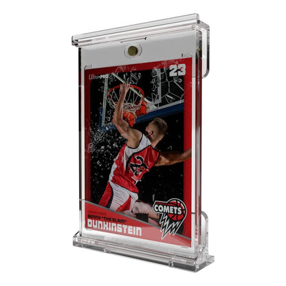 A red-framed basketball trading card of a player dunking amidst shattered glass, in a clear display case
