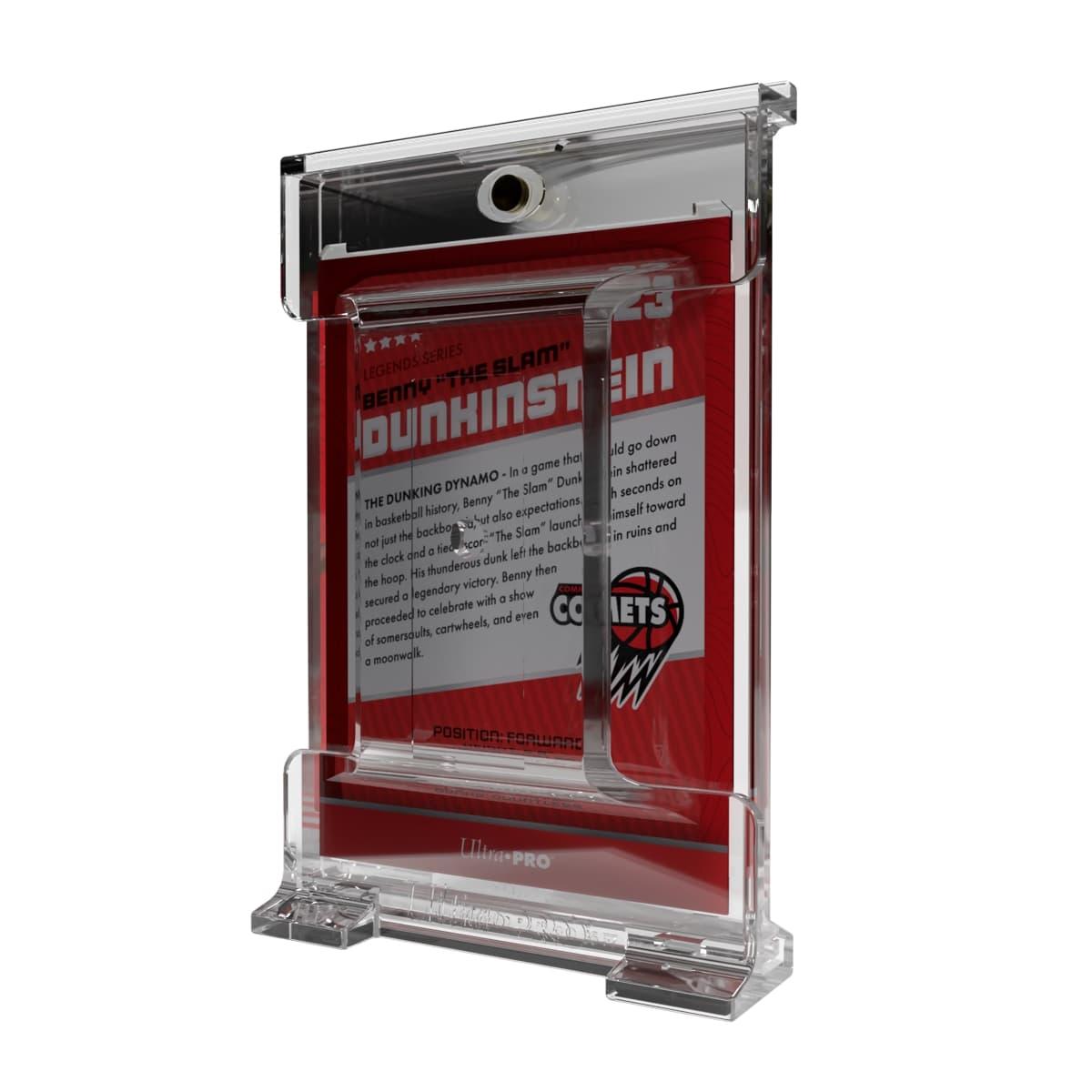 A &quot;Benny &#39;The Slam&#39; Dunkinstein&quot; basketball trading card in a clear vertical display holder